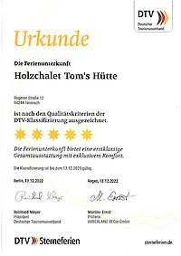5 Sterne Urkunde Holzchalet Tom´s Hütte im Bayerischen Wald